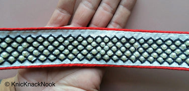Red / Pink And White Fabric Trim With Blue / Black/ Yellow Embroidery With Off White Pearls, Approx. 40mm Wide - 200317L166 / 67 / 68Trim